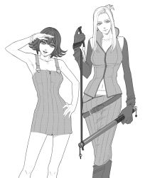 Rule 34 | 1990s (style), 2girls, armpits, belt, collarbone, curled hair, elbow gloves, final fantasy, final fantasy viii, gloves, greyscale, looking at viewer, loose belt, monochrome, multiple girls, navel, overalls, quistis trepe, retro artstyle, salute, selphie tilmitt, skirt, whip