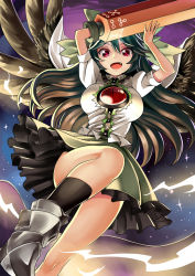 Rule 34 | 1girl, abe ranzu, arm cannon, arms up, asymmetrical footwear, black hair, black wings, bow, breasts, cape, fang, frilled skirt, frills, green bow, green skirt, hair bow, highres, large breasts, looking at viewer, miniskirt, mismatched footwear, open mouth, puffy short sleeves, puffy sleeves, red eyes, reiuji utsuho, shirt, short sleeves, skirt, solo, touhou, weapon, white shirt, wings