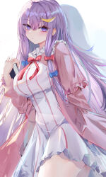 Rule 34 | 1girl, absurdres, bad anatomy, bad perspective, blue bow, book, bow, breasts, crescent, crescent hair ornament, dress, hair between eyes, hair ornament, highres, holding, holding book, large breasts, long hair, lshiki, no headwear, patchouli knowledge, purple eyes, purple hair, red bow, solo, striped clothes, striped dress, touhou