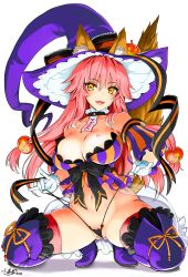 Rule 34 | 1girl, alternate costume, animal ear fluff, animal ears, bare shoulders, black panties, blush, boots, breasts, cleavage, cleft of venus, collarbone, ears through headwear, fang, fate/grand order, fate (series), food-themed hair ornament, fox ears, fox tail, gloves, groin, hair between eyes, hair ornament, hat, head tilt, jack-o&#039;-lantern, kojima saya, large breasts, lifting own clothes, long hair, navel, open mouth, panties, pink hair, pumpkin hair ornament, purple hat, purple thighhighs, red thighhighs, simple background, solo, tail, tamamo (fate), tamamo no mae (fate/extra), thighhighs, thighhighs under boots, underwear, very long hair, wedgie, white background, white gloves, yellow eyes