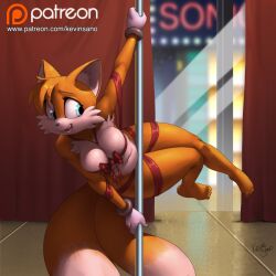Rule 34 | 1girl, breasts, cleavage, curvy, fox, fox tail, genderswap, kevinsano, medium breasts, pole, ribbon, solo, sonic (series), stripper, stripper pole, tail, tails (sonic)