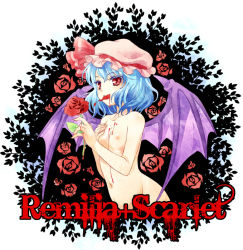 Rule 34 | 1girl, bat wings, blood, blue hair, character name, completely nude, dripping, female focus, flat chest, flower, hat, mochiya marosuke, mouth hold, nipples, nude, red eyes, red flower, red rose, remilia scarlet, rose, short hair, slit pupils, smile, solo, touhou, wings