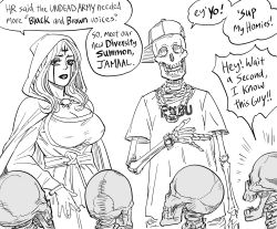 Rule 34 | 1girl, 5others, baseball cap, bb (baalbuddy), breasts, cleavage, commentary, english commentary, english text, facial mark, forehead mark, greyscale, hat, highres, hip hop, hood, hood up, jewelry, jitome, large breasts, monochrome, multiple others, necklace, necromancer, necromancer (bb (baalbuddy)), original, parted lips, shirt, short sleeves, sideways hat, simple background, skeleton, sweatdrop, undead, white background