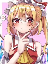 Rule 34 | 1girl, anger vein, ascot, bare shoulders, blonde hair, closed mouth, crystal, flandre scarlet, hat, highres, kiui (dagk8254), looking at viewer, mob cap, nail polish, one side up, outside border, pink background, red eyes, red nails, simple background, solo, spoken anger vein, touhou, upper body, white hat, wings, yellow ascot