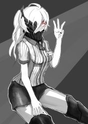 Rule 34 | 10s, 1girl, abyssal ship, ahoge, armor, armored boots, ascot, badge, bare shoulders, black nails, boots, breasts, brooch, colored skin, greyscale, hand up, highres, invisible chair, jewelry, kantai collection, lawson, looking at viewer, miniskirt, monochrome, nail polish, name tag, ne-class heavy cruiser, neckerchief, one eye covered, pepii, red eyes, shirt, side ponytail, sitting, skirt, small breasts, solo, spot color, striped background, striped clothes, striped shirt, thigh boots, thighhighs, thighs, vertical-striped clothes, vertical-striped shirt, w, white hair, white skin