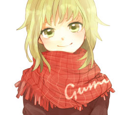 Rule 34 | 1girl, character name, face, green eyes, green hair, gumi, head tilt, matching hair/eyes, plaid, plaid scarf, scarf, short hair, simple background, smile, solo, tama (songe), vocaloid, white background