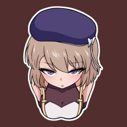 Rule 34 | 1girl, absurdres, azur lane, bare shoulders, beret, blue hat, blush, bow, breasts, brown background, brown hair, covered collarbone, cropped torso, from above, hat, hat bow, highres, medium breasts, mousepad (medium), parted lips, purple eyes, rock zinc, simple background, solo, upper body, white bow, z23 (azur lane)