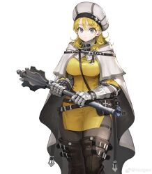 Rule 34 | 1girl, absurdres, armor, belt, belt buckle, beret, black pantyhose, blonde hair, boots, breasts, buckle, cape, cowboy shot, expressionless, flanged mace, gauntlets, hands up, hat, highres, holding, holding mace, holding weapon, jun (navigavi), knee boots, large breasts, long hair, long sleeves, looking at viewer, mace, original, pantyhose, pouch, shirt, simple background, solo, thigh strap, vial, weapon, weibo logo, weibo watermark, white background, white cape, white hat, yellow eyes, yellow shirt