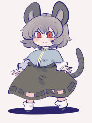 Rule 34 | 1girl, animal ears, ankle socks, black footwear, blush, brown skirt, chahan (fried rice0614), grey hair, highres, looking ahead, mouse ears, mouse girl, mouse tail, nazrin, red eyes, shadow, simple background, skirt, skirt cutout, socks, spread fingers, tail, touhou, white background, white socks