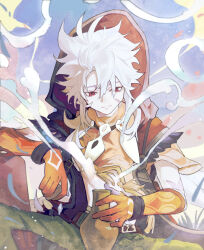 Rule 34 | 1boy, absurdres, bishounen, closed mouth, cowboy shot, elbow rest, falling petals, floating clothes, genshin impact, grass, highres, holding vase, indian style, light smile, looking down, male focus, on ground, outdoors, petals, razor (genshin impact), sitting, sky, solo, split mouth, vase, venom309, wind