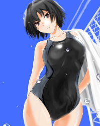 Rule 34 | 1girl, amagami, black one-piece swimsuit, blue one-piece swimsuit, blue sky, bob cut, brown eyes, clear sky, collarbone, commentary, competition swimsuit, cowboy shot, fence, from below, looking at viewer, looking down, murasaki iro, nanasaki ai, one-piece swimsuit, parted lips, short hair, sky, solo, swimsuit, thigh gap, tomboy, towel, towel around neck, two-tone swimsuit, water drop, wet, yukana