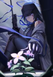 Rule 34 | 1girl, 3v ju, absurdres, against wall, armband, assault rifle, black gloves, black hair, black pants, black shirt, blood, blood on face, blue archive, blue eyes, blue hair, blue ribbon, blurry, blurry foreground, cloud, cloudy sky, colored inner hair, flower, gloves, gun, highres, holding, holding gun, holding weapon, holster, jacket, knee up, long hair, looking down, multicolored hair, open clothes, open jacket, outdoors, outstretched arm, pants, parted lips, purple flower, reaching, ribbon, rifle, saori (blue archive), shirt, sig 516, sitting, sky, solo, weapon, white jacket, wind