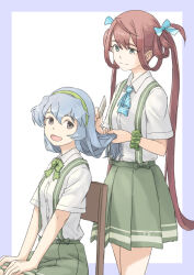 Rule 34 | :d, asagumo (kancolle), blue ribbon, border, bow, bowtie, brown eyes, brown hair, brushing hair, cowboy shot, from side, green bow, green bowtie, green hairband, green scrunchie, grey eyes, grey hair, grey skirt, hair between eyes, hair ribbon, hairband, highres, kantai collection, long hair, looking at another, looking at viewer, open mouth, pleated skirt, purple border, ribbon, school uniform, scrunchie, shirt, short sleeves, simple background, skirt, smile, suspenders, taruya, wavy hair, white background, white shirt, wrist scrunchie, yamagumo (kancolle)