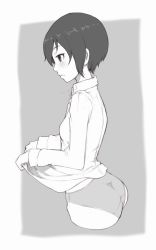 Rule 34 | 1girl, ass, closed mouth, clothes lift, commentary request, cowboy shot, cropped legs, crotch seam, dress shirt, from side, greyscale, ina (gokihoihoi), kino (kino no tabi), kino no tabi, light frown, monochrome, no pants, outside border, panties, shirt, shirt lift, short hair, solo, standing, underwear