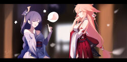 Rule 34 | 2girls, artist name, blurry, blurry background, braid, breasts, bridal gauntlets, cleavage, closed eyes, depth of field, detached sleeves, genshin impact, hair between eyes, hand up, highres, japanese clothes, kimono, letterboxed, long hair, long sleeves, medium breasts, multiple girls, nail polish, obi, off shoulder, parted lips, petals, pink hair, purple eyes, purple hair, purple kimono, purple nails, raiden shogun, red skirt, sash, shimmer, shirt, sideboob, signature, single braid, single detached sleeve, skirt, sleeveless, sleeveless shirt, tail, very long hair, white shirt, white sleeves, wide sleeves, yae miko