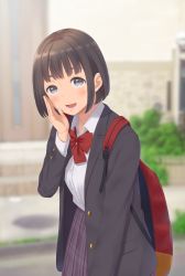 Rule 34 | 1girl, arm at side, backpack, bag, blazer, blurry, blush, bob cut, bow, bowtie, brown eyes, brown hair, building, bush, commentary request, depth of field, door, eyebrows hidden by hair, highres, jacket, kyak bamboo, lavender skirt, leaning forward, looking at viewer, mochizuki chihiro, open mouth, original, outdoors, plaid, plaid skirt, plant, purple skirt, red bow, red bowtie, school uniform, shirt, short hair, skirt, solo, stairs, white shirt