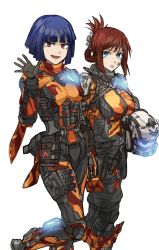 Rule 34 | 2girls, animification, barcode, barcode tattoo, blue eyes, blue hair, breasts, brown eyes, brown hair, commentary, commentary request, grapple pilot (titanfall 2), helmet, highres, kotone a, looking at viewer, military, multiple girls, pilot (titanfall 2), pulse blade pilot (titanfall 2), simple background, smile, tactical clothes, tattoo, titanfall, titanfall (series), titanfall 2, waving