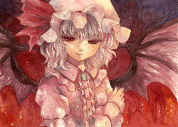 Rule 34 | 1girl, bat wings, bow, hat, hat bow, painting (medium), red eyes, remilia scarlet, shiroma (mamiko), silver hair, solo, touhou, traditional media, watercolor (medium), wings