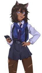 Rule 34 | 1girl, absurdres, andou (girls und panzer), animal ears, bc freedom school uniform, belt, black skirt, black vest, blue necktie, blue scarf, body writing, brown hair, cat ears, cellphone, choker, closed mouth, cowboy shot, dark-skinned female, dark skin, diagonal stripes, girls und panzer, green eyes, hair between eyes, hand on own hip, highres, holding, holding phone, long sleeves, looking at viewer, medium hair, necktie, pantyhose, phone, pleated skirt, purple necktie, scarf, school uniform, shirt, skirt, sleeve cuffs, smartphone, solo, standing, striped necktie, striped neckwear, takao (88499191), tongue, tongue out, torn clothes, vest, wavy hair, white background, white shirt, wing collar
