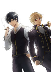 Rule 34 | 2boys, between fingers, black hair, black jacket, black pants, black vest, brown hair, cigarette, closed mouth, gintama, hand in pocket, highres, hijikata toushirou, holding, holding cigarette, holding sword, holding weapon, jacket, katana, long sleeves, looking at viewer, male focus, multiple boys, okita sougo, open clothes, open jacket, over shoulder, pants, red eyes, sheath, sheathed, shinsengumi (gintama), shirt, simple background, smoke, smoking, standing, sword, sword over shoulder, uraki (tetsu420), vest, weapon, weapon over shoulder, white background, white shirt