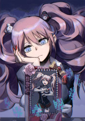 Rule 34 | 1girl, absurdres, bear hair ornament, blue eyes, bow, breasts, cheek rest, choker, cleavage, collarbone, commentary request, danganronpa: trigger happy havoc, danganronpa (series), enoshima junko, freckles, frown, hair ornament, highres, iei, large breasts, long hair, looking at viewer, multiple views, nail polish, necktie, photo (object), red bow, red nails, school uniform, skirt, sleeves rolled up, spoilers, striped, striped bow, twintails, white neckwear, ziling