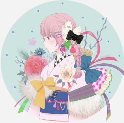Rule 34 | 1girl, 2022, animal print, black bow, bow, braid, checkered clothes, earrings, flower, frills, hair bow, hair ornament, hairpin, japanese clothes, jewelry, kimono, obi, original, pink hair, pink kimono, red flower, red rose, ribata, rose, sash, signature, solo, upper body, yellow bow