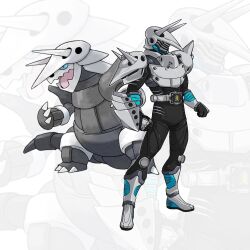 Rule 34 | 1boy, aggron, armor, armored boots, aron, artist name, belt, black bodysuit, bodysuit, boots, claws, clenched hands, creatures (company), full body, game freak, gen 3 pokemon, grey footwear, grey headwear, helmet, highres, kamen rider, knee pads, male focus, nintendo, official art inset, personification, pokemon, pokemon (creature), shoulder armor, shoulder spikes, signature, spikes, standing, to ze, white background, zoom layer