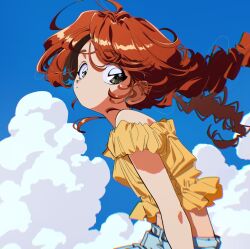 Rule 34 | 1girl, ahoge, arms at sides, blue pants, blue sky, braid, closed mouth, cloud, crop top, day, denim, dot mouth, earrings, floating hair, flower earrings, from side, grey eyes, highres, jeans, jewelry, leaning forward, light frown, long hair, looking back, messy hair, midriff, off-shoulder shirt, off shoulder, orange hair, original, outdoors, pants, raised eyebrows, shirt, short eyebrows, sky, stud earrings, turning head, twin braids, upper body, yellow shirt, yo-co