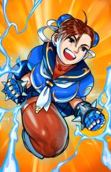 Rule 34 | 1girl, adapted costume, alternate legwear, blue gloves, blue sailor collar, blue skirt, blue theme, bracelet, breasts, brown eyes, brown hair, brown thighhighs, bun cover, capcom, chun-li, clenched hands, commentary, double bun, earrings, electricity, emphasis lines, english commentary, gloves, hair bun, hair ribbon, highres, jewelry, large breasts, orange background, overlord jc, pleated skirt, ribbon, sailor collar, school uniform, serafuku, shouting, skirt, solo, spiked bracelet, spikes, street fighter, teeth, thick thighs, thighhighs, thighs, upper teeth only, white footwear, zettai ryouiki