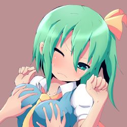Rule 34 | 1girl, ascot, breasts, daiyousei, female focus, frown, grabbing, grabbing another&#039;s breast, green eyes, green hair, hair ribbon, kuromu (underporno), one eye closed, purple background, ribbon, side ponytail, simple background, solo focus, sweat, touhou, wings