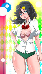 Rule 34 | 1girl, black hair, blue eyes, blush, bow, bra, breasts, buruma, contrapposto, curvy, hair ornament, hand on own hip, large breasts, open clothes, open mouth, open shirt, pink bra, ponytail, shirt, solo, standing, thick thighs, thighs, underwear, yunioshi