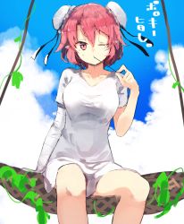 Rule 34 | 1girl, bad id, bad pixiv id, bandaged arm, bandages, blue sky, bun cover, closed mouth, commentary request, day, double bun, eating, hair bun, hammock, highres, holding, ibaraki kasen, looking at viewer, one-hour drawing challenge, one eye closed, outdoors, pink eyes, pink hair, pointy ears, shirt, short hair, sitting, sky, solo, suminagashi, touhou, white shirt