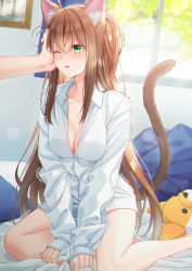 Rule 34 | 1girl, animal ears, blouse, breasts, cat ears, cat girl, cat tail, cleavage, green eyes, highres, indoors, long hair, medium breasts, one eye closed, original, shirt, sitting, solo focus, stuffed animal, stuffed toy, tail, trembling, unjem, white shirt, window