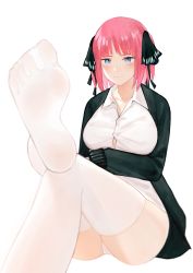 Rule 34 | 1girl, arm under breasts, ass, black cardigan, black ribbon, blue eyes, blunt bangs, blush, breasts, butterfly hair ornament, cardigan, cl (summer sama), crossed legs, embarrassed, feet, feet up, foot focus, foreshortening, go-toubun no hanayome, hair ornament, large breasts, leg up, looking at viewer, nakano nino, open cardigan, open clothes, panties, panty peek, partially unbuttoned, pink hair, ribbon, shirt, simple background, sitting, sleeves past wrists, soles, solo, thick thighs, thighhighs, thighs, toes, twintails, underwear, white background, white panties, white shirt, white thighhighs