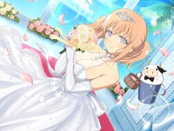 Rule 34 | 1girl, animal ears, bare shoulders, basket, black bow, blue gemstone, blue sky, blush, bouquet, bow, bowtie, breasts, bucket, cleavage, cloud, collarbone, cow, cow ears, cow horns, day, dress, elbow gloves, falling petals, floral print, flower, frilled dress, frills, gem, gloves, green gemstone, grey eyes, holding, holding basket, holding bouquet, horizon, horns, indoors, jewelry, large breasts, looking at viewer, necklace, ocean, official art, orange flower, orange hair, palm leaf, palm tree, petals, pink flower, pink rose, plant, red carpet, red gemstone, rose, see-through, see-through cleavage, senran kagura, senran kagura new link, senran kagura new wave, shiny skin, short hair, short twintails, sky, sleeveless, sleeveless dress, smile, solo, tiara, tree, twintails, ushimaru (senran kagura), wedding, wedding dress, white dress, white flower, white gloves, white rose, window, yaegashi nan, yellow flower, yellow rose