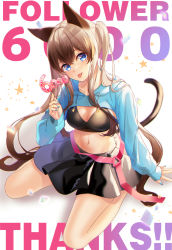 Rule 34 | 1girl, animal ears, black skirt, blue eyes, blue hoodie, blue nails, breasts, brown hair, cat ears, cat girl, cat tail, cleavage, closed mouth, commentary, drawstring, english commentary, hair between eyes, hand up, highres, holding, hood, hood down, hoodie, long hair, long sleeves, medium breasts, milestone celebration, nail polish, navel, original, pleated skirt, puffy long sleeves, puffy sleeves, rukinya (nyanko mogumogu), shrug (clothing), sidelocks, skirt, sleeves past wrists, solo, tail, thank you, tongue, tongue out, twintails, very long hair