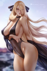 Rule 34 | 1girl, bare arms, bare shoulders, beach, black one-piece swimsuit, blonde hair, blurry, breasts, choker, commentary, covered navel, cowboy shot, creatures (company), curvy, cynthia (pokemon), depth of field, english commentary, eye visible through hair, facing viewer, floating hair, game freak, grey eyes, hair ornament, hair over one eye, large breasts, lens flare, lips, long hair, looking at viewer, looking to the side, medium breasts, nintendo, no bra, no panties, olchas, one-piece swimsuit, parted lips, patreon username, pokemon, pokemon dppt, revealing clothes, see-through, see-through sleeves, small head, solo, standing, swimsuit, very long hair, wide hips