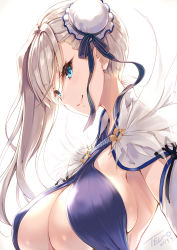 Rule 34 | 1girl, absurdres, asymmetrical hair, backlighting, blue eyes, blue one-piece swimsuit, blush, breasts, bun cover, cleavage, cleavage cutout, clothing cutout, criss-cross halter, dated, fate (series), from side, grey hair, hair between eyes, hair bun, halterneck, head tilt, highres, large breasts, long hair, looking at viewer, miyamoto musashi (fate), miyamoto musashi (fate/grand order), miyamoto musashi (swimsuit berserker) (fate), miyamoto musashi (swimsuit berserker) (third ascension) (fate), one-piece swimsuit, sidelocks, signature, simple background, single side bun, smile, solo, swept bangs, swimsuit, tel-o, upper body, white background