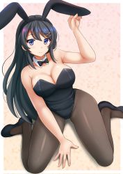 Rule 34 | 10s, 1girl, animal ears, arm support, arm up, bare arms, bare shoulders, black bow, black bowtie, black footwear, black hair, black hairband, black leotard, blue eyes, blush, bow, bowtie, breasts, brown pantyhose, cleavage, closed mouth, commentary request, detached collar, dutch angle, fake animal ears, female focus, fingernails, full body, hair between eyes, hair ornament, hairband, hairclip, highres, kazenokaze, large breasts, leaning, leaning to the side, leotard, lips, long hair, looking at viewer, neck, pantyhose, playboy bunny, rabbit ears, sakurajima mai, seishun buta yarou, shoes, shy, sidelocks, sitting, solo, strapless, strapless leotard, tan background, very long hair, wariza