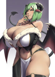 Rule 34 | 1girl, arm under breasts, bare shoulders, black horns, breasts, cleavage, commission, curvy, demon girl, demon horns, demon tail, demon wings, green eyes, green hair, highres, horns, huge breasts, navel, original, packge, red horns, reimatrael (darklight), short hair, solo, tail, thick thighs, thighs, wide hips, wings