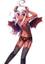 Rule 34 | 1girl, ahoge, amoriro, breasts, chemise, colored skin, demon girl, demon wings, female focus, garter straps, highres, horns, lace, lingerie, nipples, open mouth, original, panties, pointy ears, red skin, simple background, small breasts, solo, thighhighs, underwear, v, white background, white hair, wings