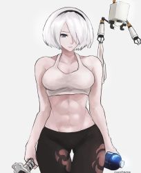 Rule 34 | 1girl, abs, android, black pants, bottle, commentary, cropped legs, english commentary, exercising, hair over one eye, highres, nier, nier (series), nier:automata, pants, pod (nier:automata), robot, shirt, short hair, tank top, thighs, tommy (kingdukeee), towel, training, virtuous contract, water bottle, white hair, white shirt, white tank top, yoga pants, 2b (nier:automata)