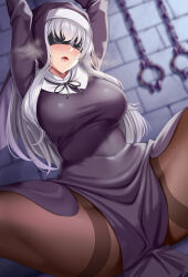 Rule 34 | 1girl, arms up, bdsm, black blindfold, black dress, black pantyhose, blindfold, blush, bondage, bound, breasts, chain, commentary request, cuffs, dress, grey hair, habit, heavy breathing, huyumitsu, indoors, large breasts, long hair, long sleeves, nun, open mouth, original, pantyhose, saliva, shackles, solo, spread legs, thighband pantyhose