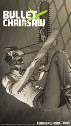 Rule 34 | 1boy, artist request, belt, black necktie, black pants, chain-link fence, chainsaw, chainsaw man, collared shirt, company name, copyright name, denji (chainsaw man), fence, goddess of victory: nikke, grey belt, highres, male focus, necktie, official art, pants, sharp teeth, shirt, sleeves rolled up, solo, teeth, white shirt
