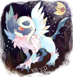 Rule 34 | absol, akadako, animal focus, black sclera, border, bright pupils, claws, colored sclera, creatures (company), crescent, feathered wings, floating, full body, game freak, gen 3 pokemon, hair over one eye, looking at another, looking back, looking up, lunatone, mega absol, mega pokemon, night, nintendo, no humans, one-hour drawing challenge, one eye covered, outdoors, pokedex number, pokemon, pokemon (creature), red eyes, solo focus, standing, star (symbol), white border, white hair, white pupils, white wings, wings