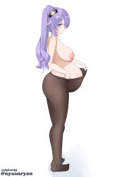 Rule 34 | 1girl, absurdres, black pantyhose, bow, breasts, calpico45, clothes pull, embarrassed, full body, genshin impact, hair bow, hair ornament, hand on own stomach, hand under clothes, highres, keqing (genshin impact), lactation, large breasts, long hair, looking at viewer, maternity pantyhose, nipples, pantyhose, pantyhose pull, pink eyes, pout, pregnant, purple hair, simple background, solo, standing, tears, twintails, underwear, watermark, white background