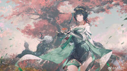 1girl 2others autumn_leaves blunt_bangs breasts brown_eyes chinese_clothes chinese_hairpin cleavage detached_sleeves dress floating floating_object gloves grass green_dress green_hair hair_ornament hair_stick hairpin hanying:_zitherwoe_(pgr) hanying_(pgr) highres horns jewelry large_breasts leaf light_smile long_hair maple_leaf mechabare mol-- mole mole_under_eye multiple_others necklace official_art on_grass outdoors partially_fingerless_gloves punishing:_gray_raven qilin_(mythology) standing strapless strapless_dress thigh_strap thighs tree variant_set weibo_logo weibo_watermark white_hair