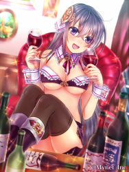 Rule 34 | 1girl, :d, alcohol, angelmaster, blurry, breasts, champagne, cleavage, depth of field, dual wielding, glass, hair ornament, holding, large breasts, long hair, looking at viewer, midriff, neme, official art, open mouth, original, purple eyes, silver hair, smile, solo, underboob
