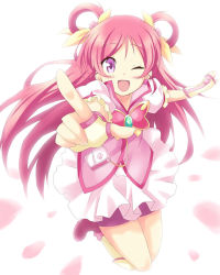 Rule 34 | 00s, 1girl, bike shorts, bike shorts under skirt, blush, cure dream, dekosuke, fingerless gloves, gloves, hair rings, magical girl, one eye closed, open mouth, pink eyes, pink hair, pink shorts, pink theme, precure, shorts, shorts under skirt, solo, twintails, wink, yes! precure 5, yumehara nozomi