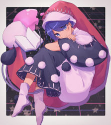 Rule 34 | 1girl, absurdres, black capelet, black dress, blue eyes, blue hair, book, capelet, closed mouth, commentary, doremy sweet, dream soul, dress, fetal position, full body, hat, head tilt, highres, holding own arm, looking at viewer, multicolored clothes, multicolored dress, nightcap, oito (bowstringsmall), open book, pom pom (clothes), red hat, short hair, smile, socks, solo, star (symbol), tail, tapir tail, touhou, white dress, white footwear